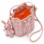 MCM Visetos Rabbit Mini Bucket Bag Pink | Drawstring Crossbody Shoulder Bag with Detachable 3D Bunny Charm — Cute Luxury Designer Handbag