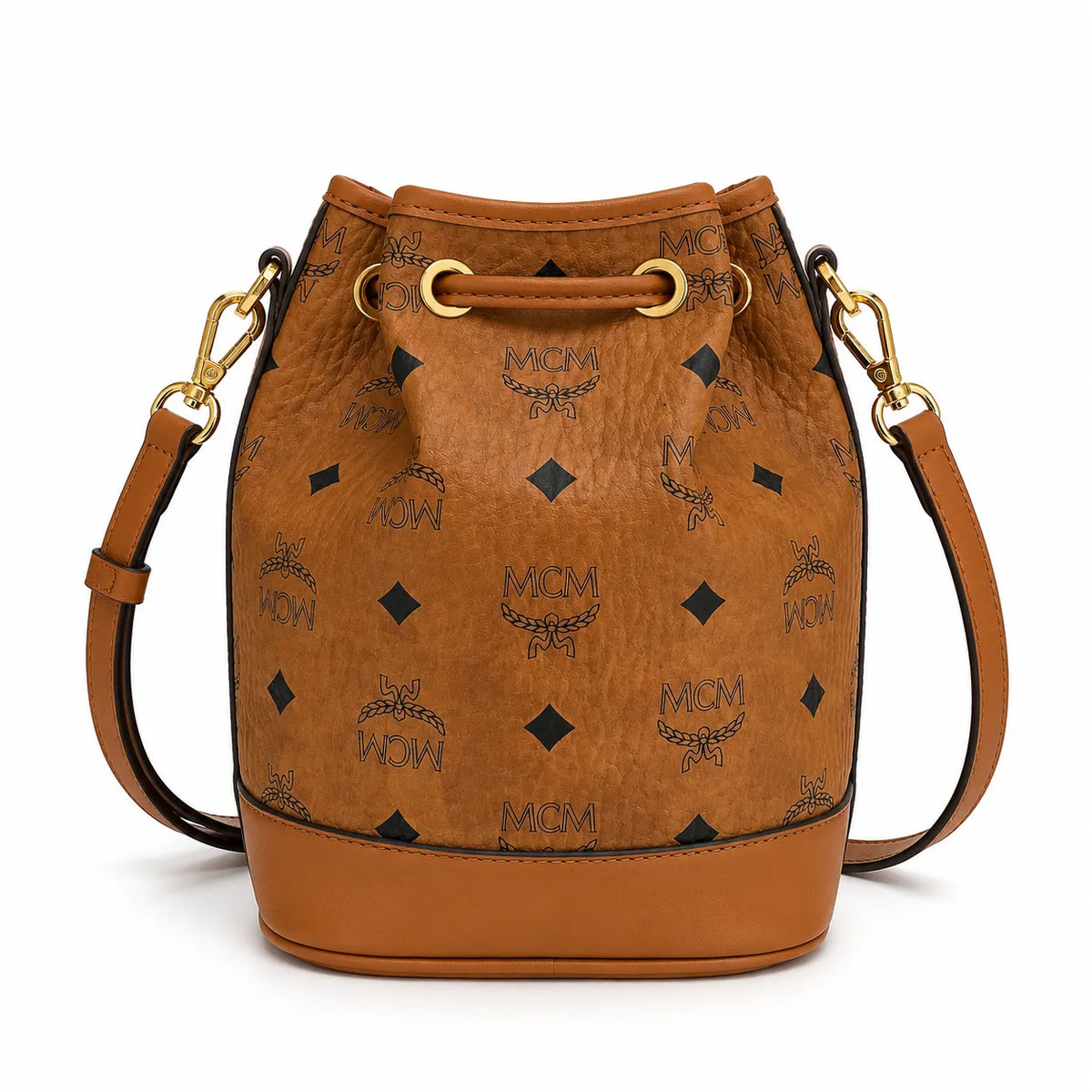 MCM Dessau Visetos Bucket Bag Mini | Drawstring Crossbody Shoulder Bag in Cognac — Designer Coated Canvas & Leather Handbag