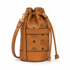 MCM Dessau Visetos Bucket Bag Mini | Drawstring Crossbody Shoulder Bag in Cognac — Designer Coated Canvas & Leather Handbag