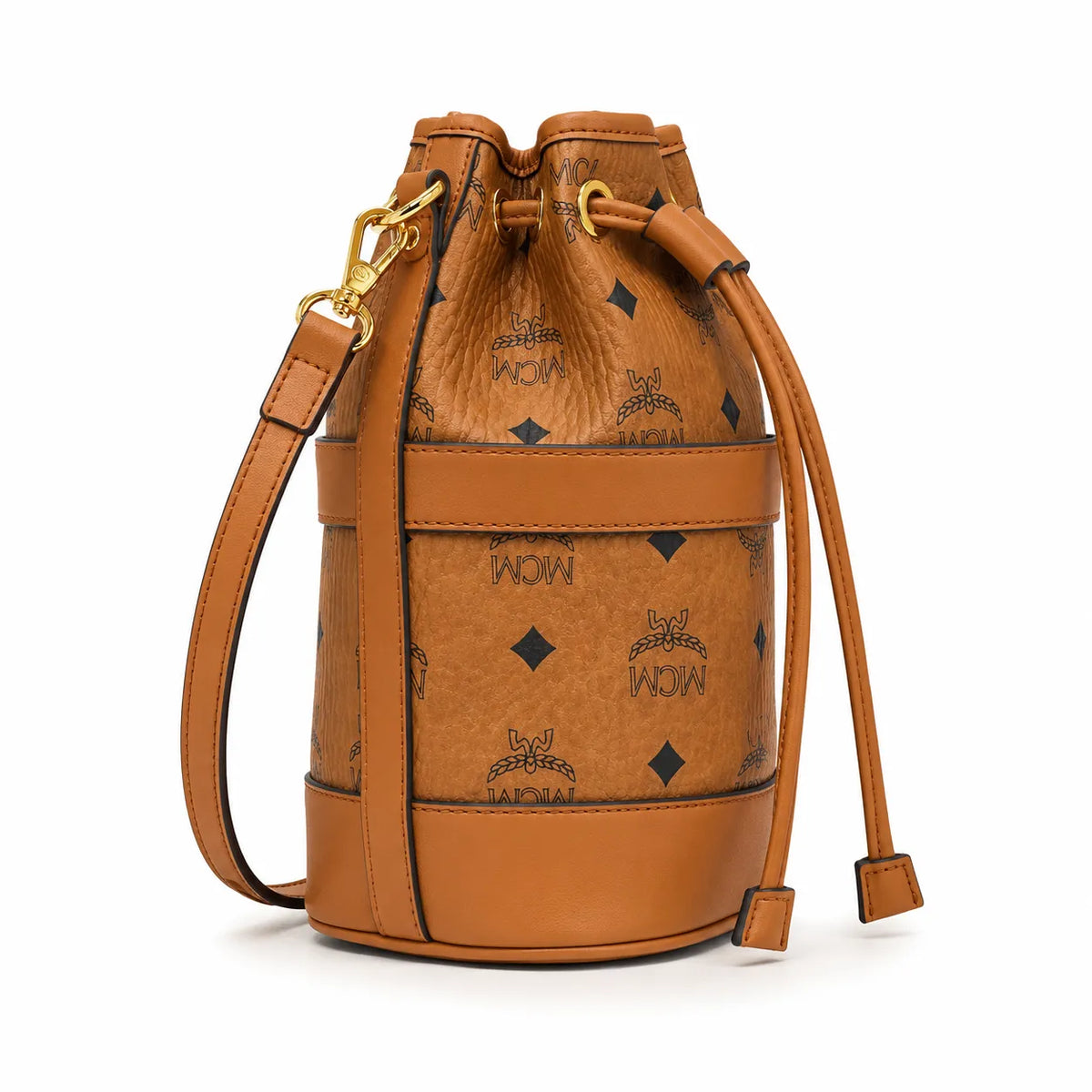 MCM Dessau Visetos Bucket Bag Mini | Drawstring Crossbody Shoulder Bag in Cognac — Designer Coated Canvas & Leather Handbag