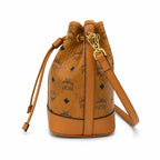 MCM Dessau Visetos Bucket Bag Mini | Drawstring Crossbody Shoulder Bag in Cognac — Designer Coated Canvas & Leather Handbag