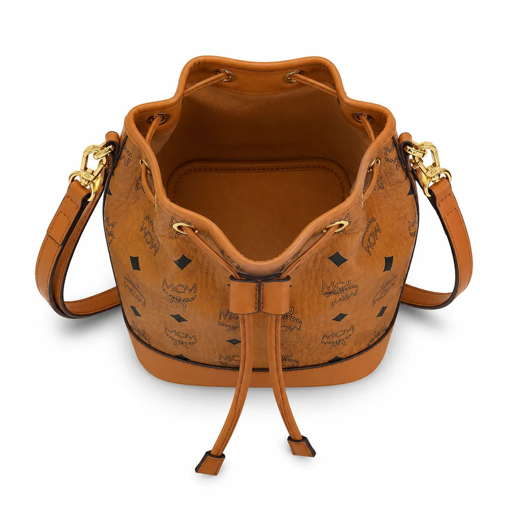 MCM Dessau Visetos Bucket Bag Mini | Drawstring Crossbody Shoulder Bag in Cognac — Designer Coated Canvas & Leather Handbag