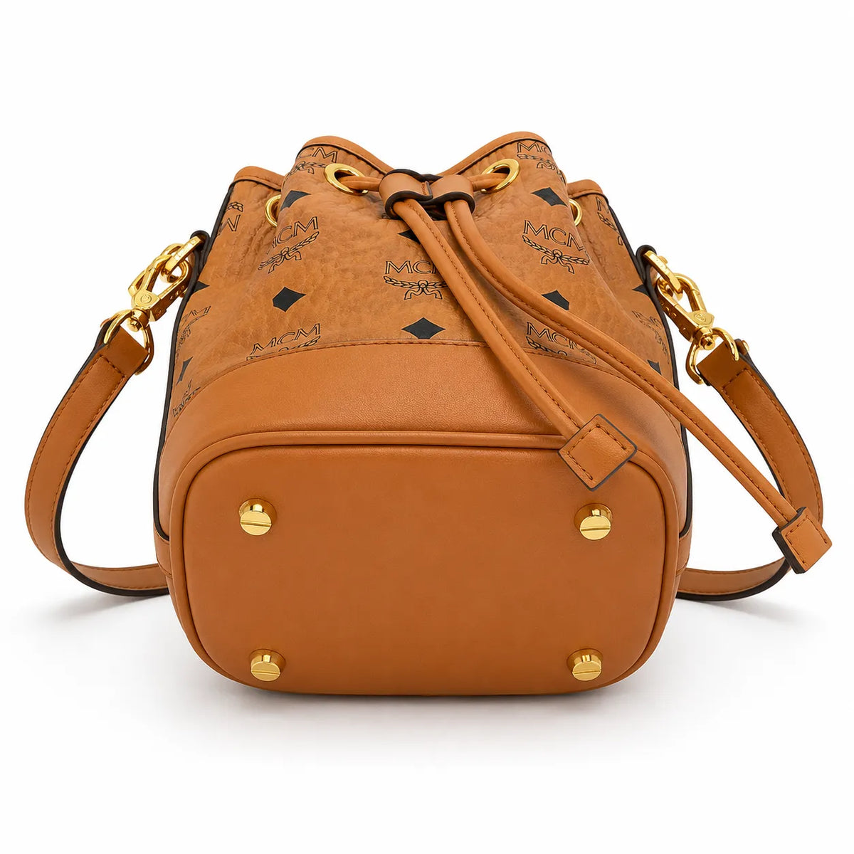 MCM Dessau Visetos Bucket Bag Mini | Drawstring Crossbody Shoulder Bag in Cognac — Designer Coated Canvas & Leather Handbag