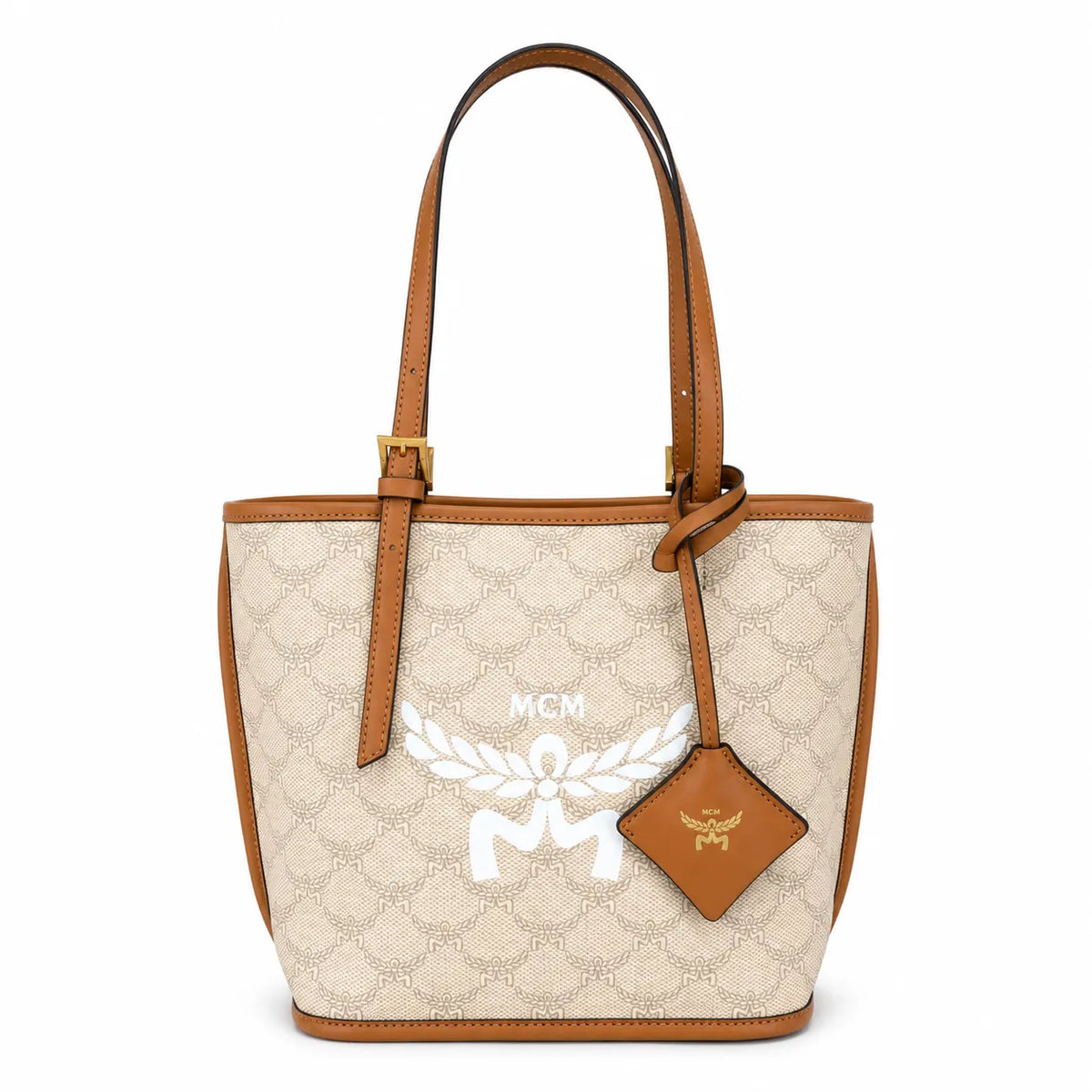 MCM Laurel Canvas Tote Bag | Large Jacquard Shopper Shoulder Handbag in Beige & Cognac — Classic Designer Travel Tote