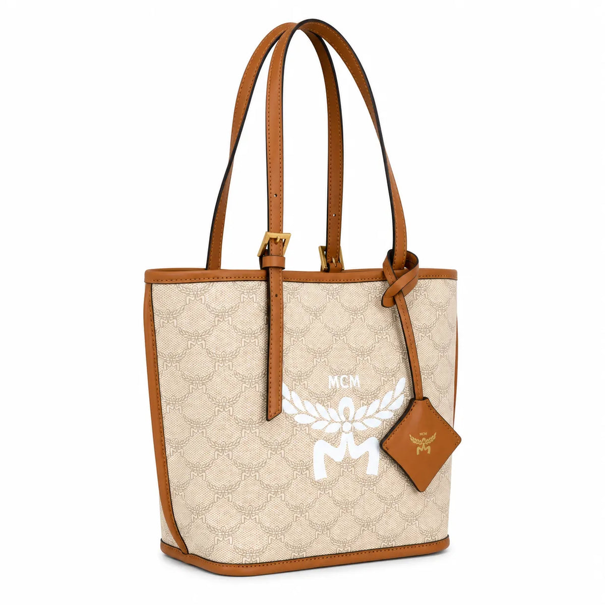 MCM Laurel Canvas Tote Bag | Large Jacquard Shopper Shoulder Handbag in Beige & Cognac — Classic Designer Travel Tote