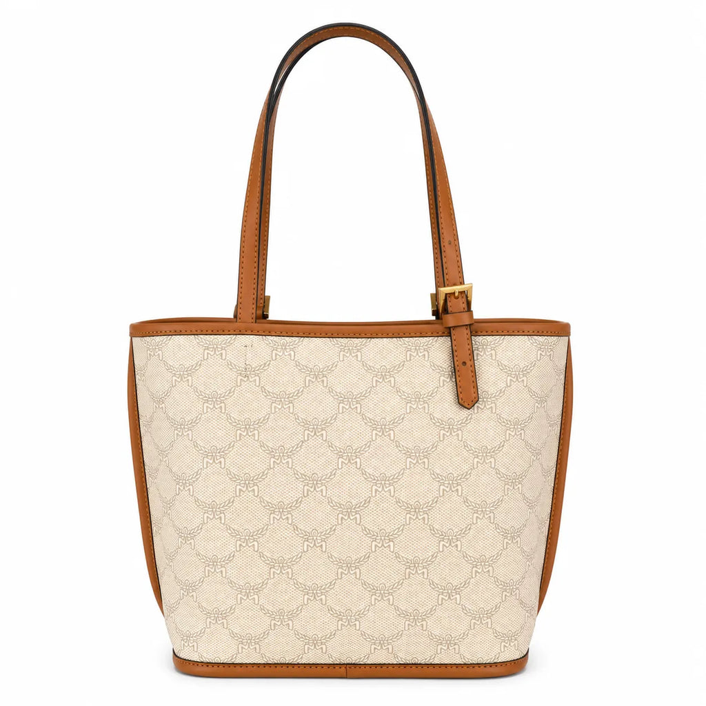 MCM Laurel Canvas Tote Bag | Large Jacquard Shopper Shoulder Handbag in Beige & Cognac — Classic Designer Travel Tote