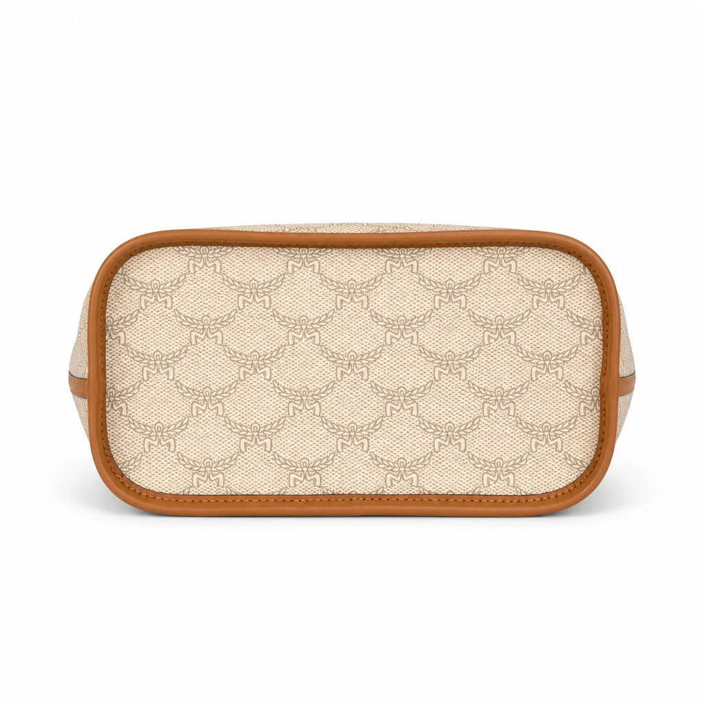 MCM Laurel Canvas Tote Bag | Large Jacquard Shopper Shoulder Handbag in Beige & Cognac — Classic Designer Travel Tote