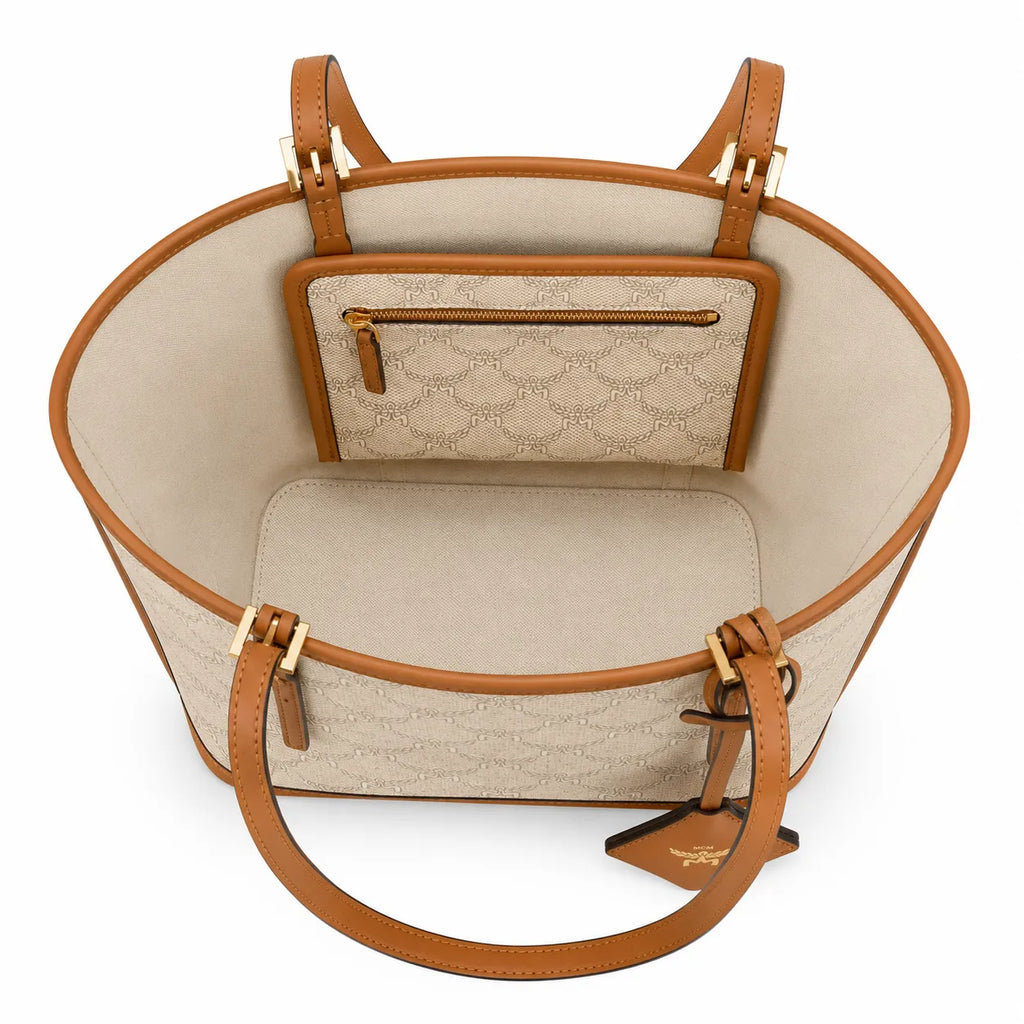 MCM Laurel Canvas Tote Bag | Large Jacquard Shopper Shoulder Handbag in Beige & Cognac — Classic Designer Travel Tote
