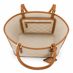 MCM Laurel Canvas Tote Bag | Large Jacquard Shopper Shoulder Handbag in Beige & Cognac — Classic Designer Travel Tote