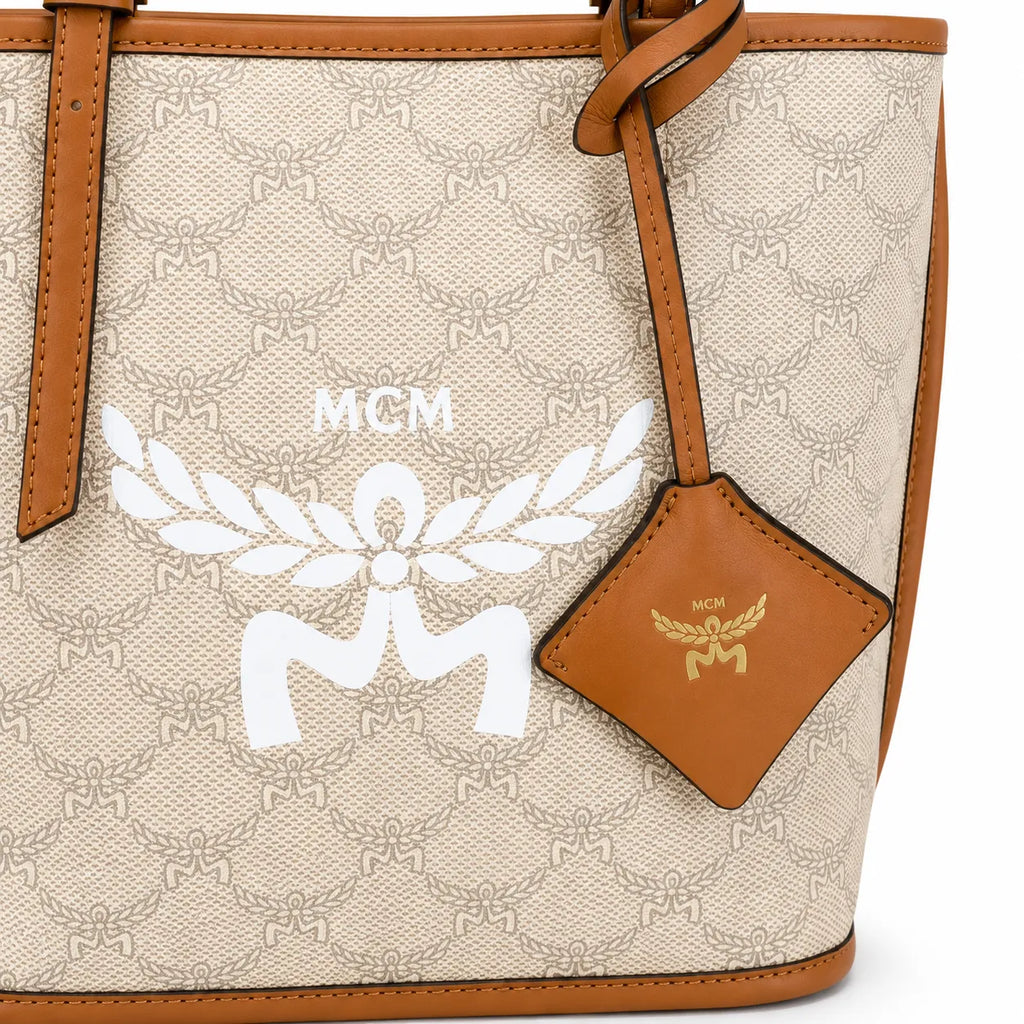 MCM Laurel Canvas Tote Bag | Large Jacquard Shopper Shoulder Handbag in Beige & Cognac — Classic Designer Travel Tote