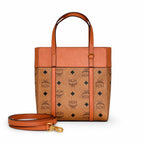 MCM Liz Visetos Tote Bag | Classic Monogram Shopper Bag in Cognac — Designer Leather Trim Shoulder Bag for Women