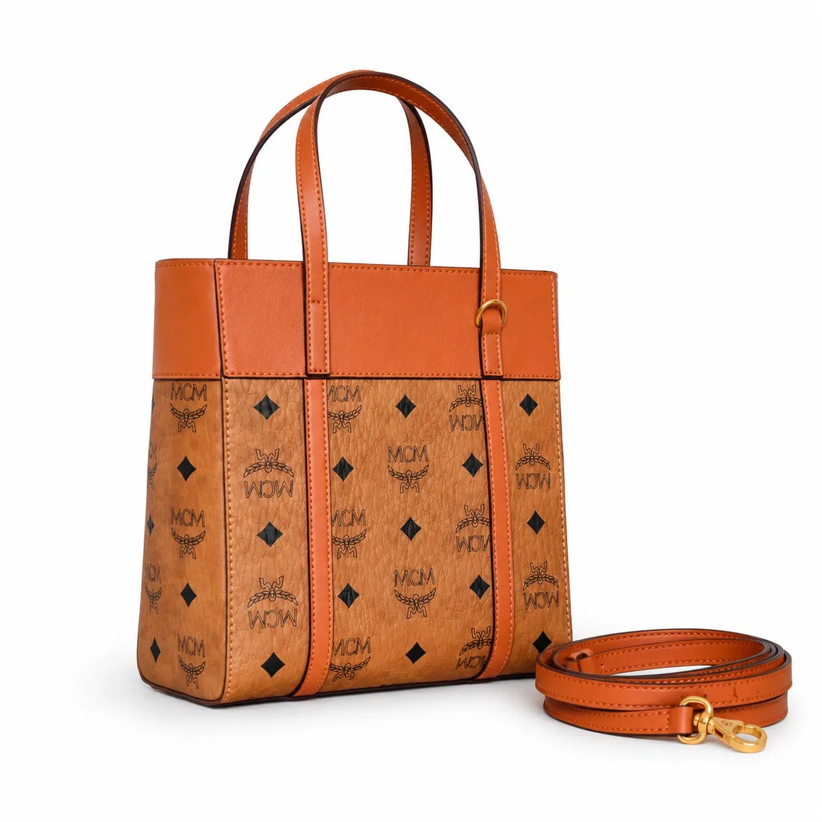 MCM Liz Visetos Tote Bag | Classic Monogram Shopper Bag in Cognac — Designer Leather Trim Shoulder Bag for Women