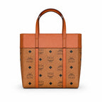 MCM Liz Visetos Tote Bag | Classic Monogram Shopper Bag in Cognac — Designer Leather Trim Shoulder Bag for Women
