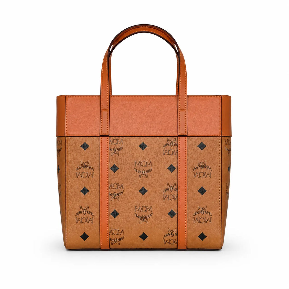 MCM Liz Visetos Tote Bag | Classic Monogram Shopper Bag in Cognac — Designer Leather Trim Shoulder Bag for Women
