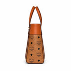 MCM Liz Visetos Tote Bag | Classic Monogram Shopper Bag in Cognac — Designer Leather Trim Shoulder Bag for Women