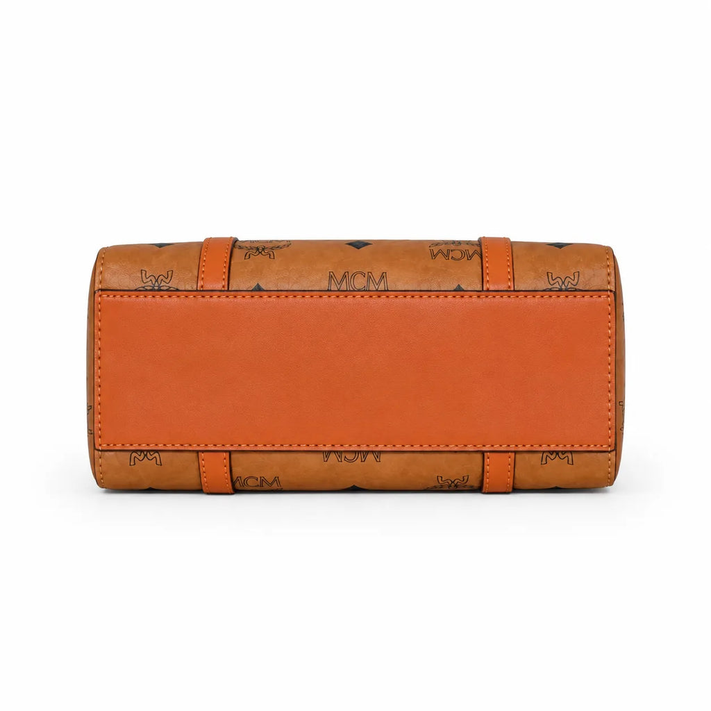 MCM Liz Visetos Tote Bag | Classic Monogram Shopper Bag in Cognac — Designer Leather Trim Shoulder Bag for Women