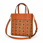 MCM Liz Visetos Tote Bag | Classic Monogram Shopper Bag in Cognac — Designer Leather Trim Shoulder Bag for Women