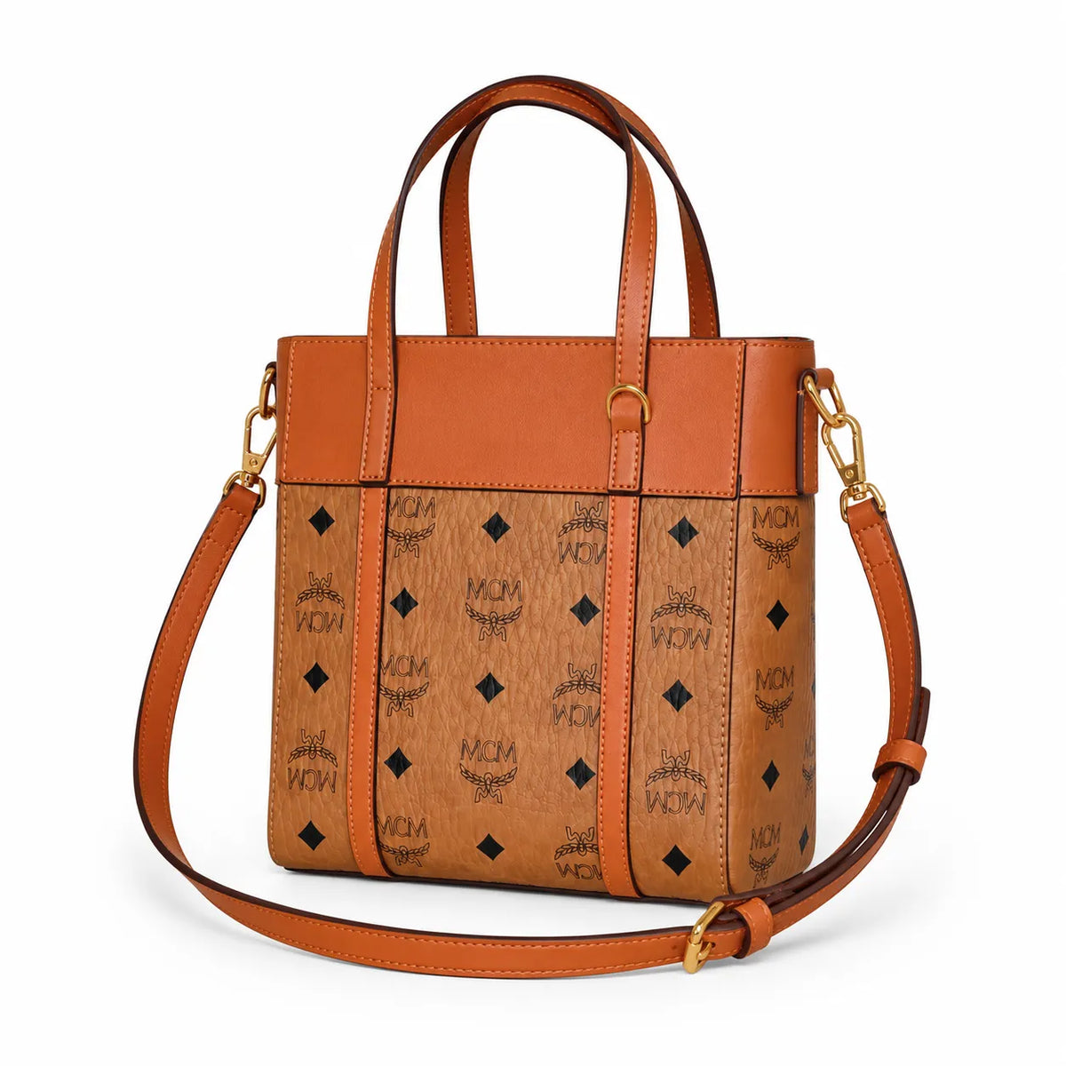 MCM Liz Visetos Tote Bag | Classic Monogram Shopper Bag in Cognac — Designer Leather Trim Shoulder Bag for Women