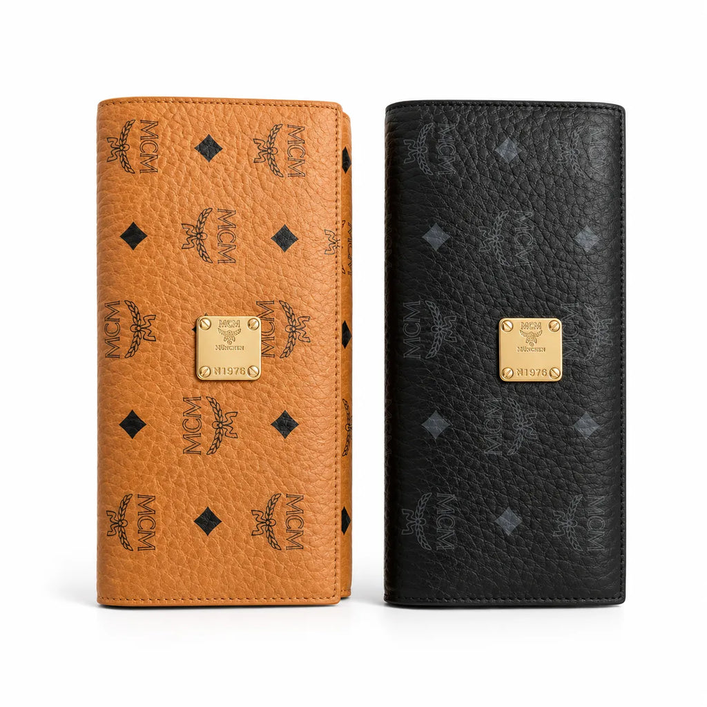 MCM Visetos Leather Long Wallet | Classic Zip Around Bifold Wallet in Cognac & Black — Designer Monogram Card Holder for Women & Men