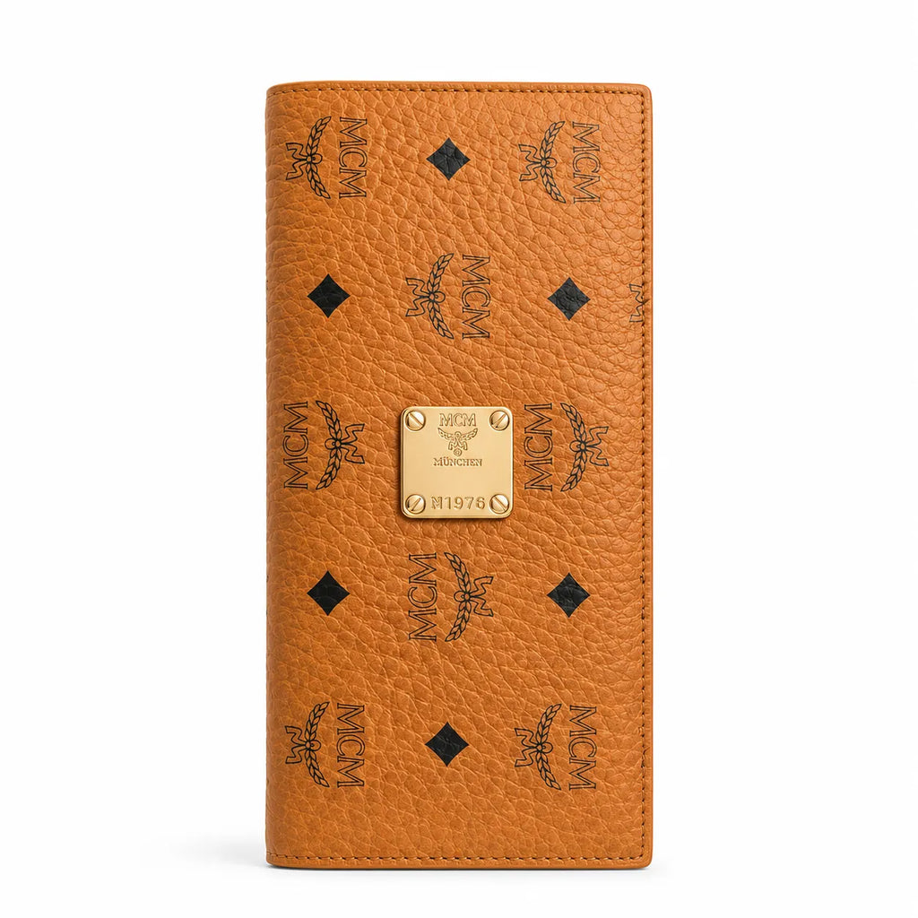 MCM Visetos Leather Long Wallet | Classic Zip Around Bifold Wallet in Cognac & Black — Designer Monogram Card Holder for Women & Men