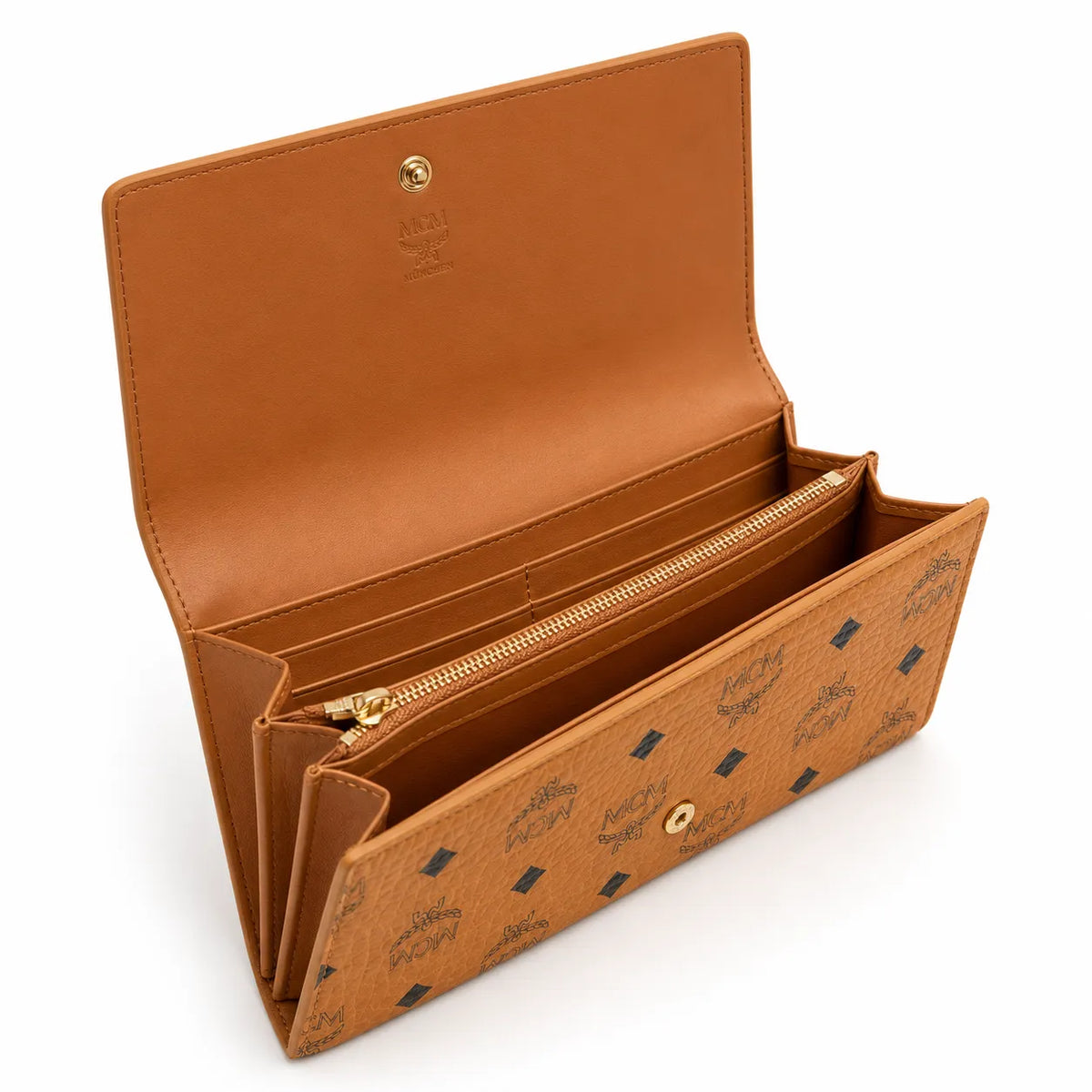 MCM Visetos Leather Long Wallet | Classic Zip Around Bifold Wallet in Cognac & Black — Designer Monogram Card Holder for Women & Men