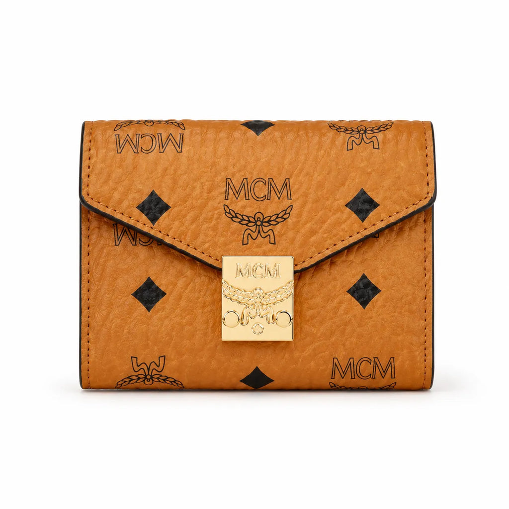 MCM Tracy Visetos Small Wallet | Classic Envelope Flap Card Holder in Cognac — Designer Monogram Leather & Canvas Compact Purse