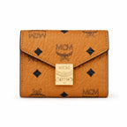 MCM Tracy Visetos Small Wallet | Classic Envelope Flap Card Holder in Cognac — Designer Monogram Leather & Canvas Compact Purse