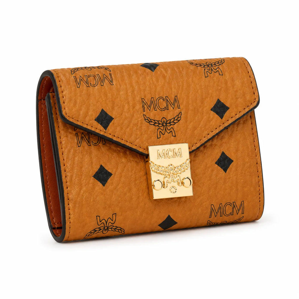 MCM Tracy Visetos Small Wallet | Classic Envelope Flap Card Holder in Cognac — Designer Monogram Leather & Canvas Compact Purse