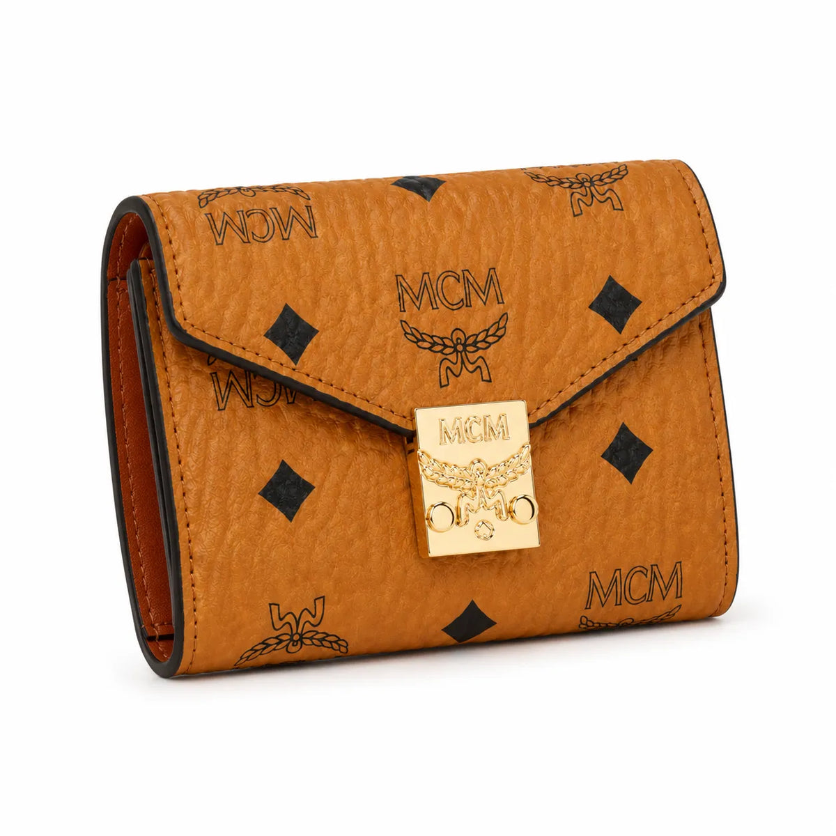 MCM Tracy Visetos Small Wallet | Classic Envelope Flap Card Holder in Cognac — Designer Monogram Leather & Canvas Compact Purse