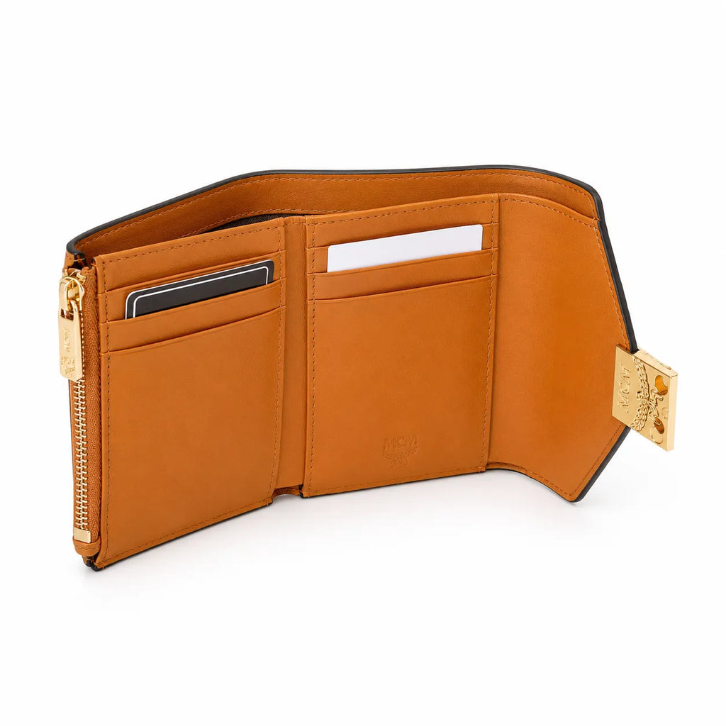 MCM Tracy Visetos Small Wallet | Classic Envelope Flap Card Holder in Cognac — Designer Monogram Leather & Canvas Compact Purse