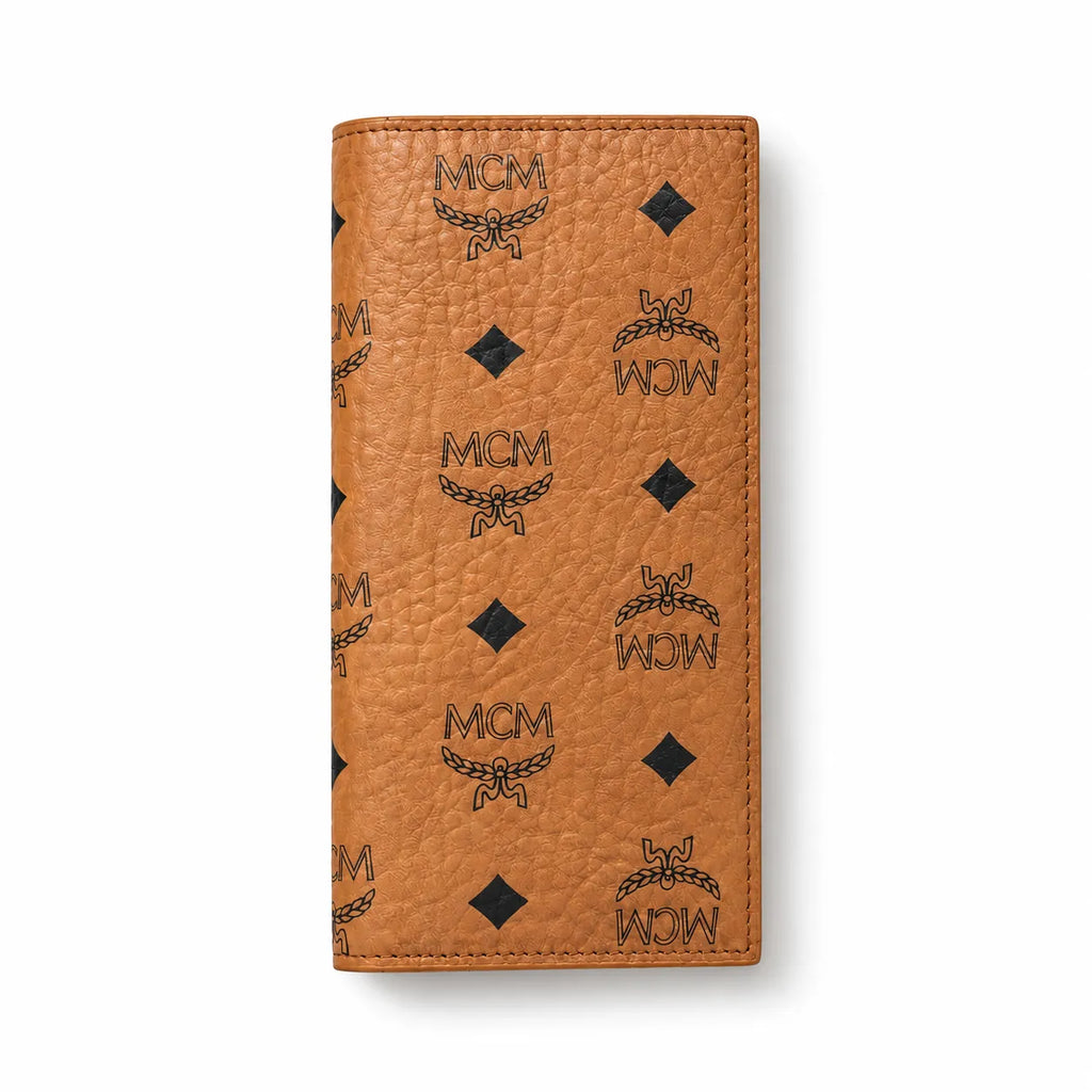 MCM Visetos Classic Long Wallet | Zip-Around Leather Wallet in Cognac & Black — Designer Monogram Continental Purse for Men & Women