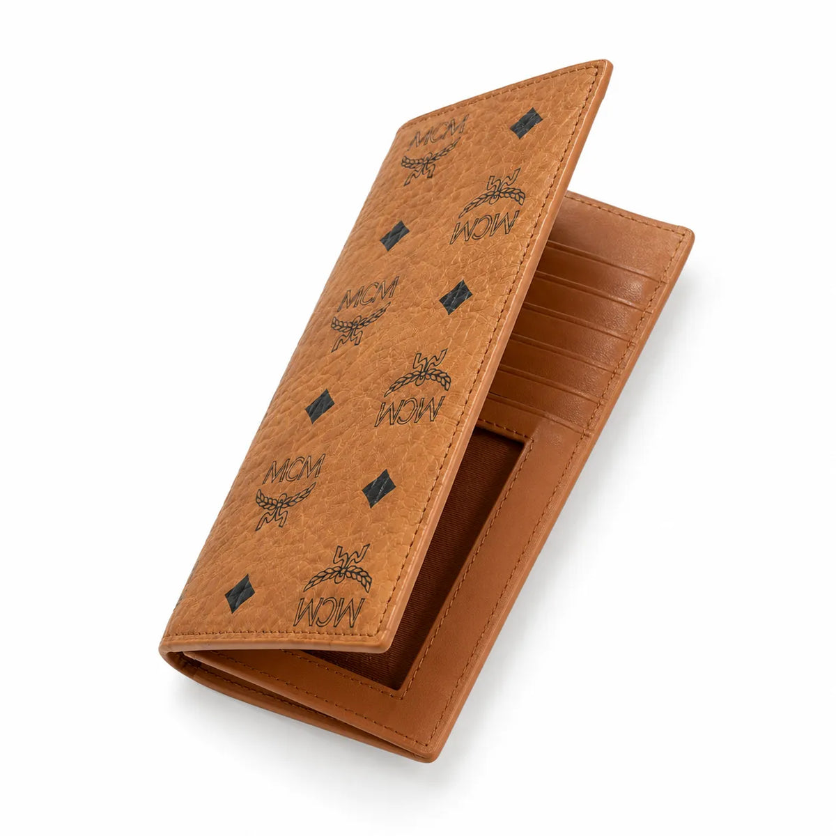 MCM Visetos Classic Long Wallet | Zip-Around Leather Wallet in Cognac & Black — Designer Monogram Continental Purse for Men & Women