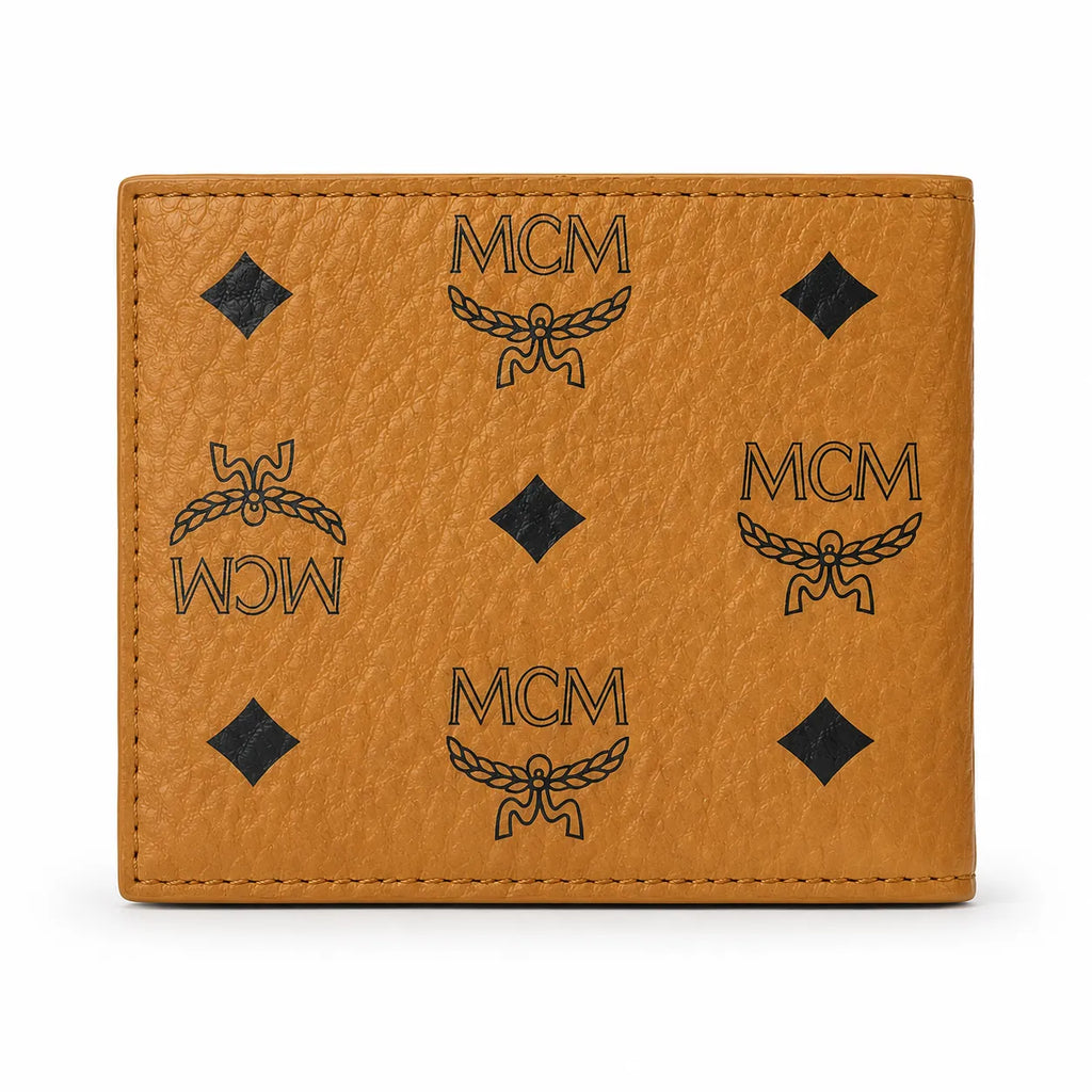 MCM Visetos Classic Bifold Wallet | Short Leather Folding Wallet in Cognac — Designer Monogram Card Holder for Men & Women