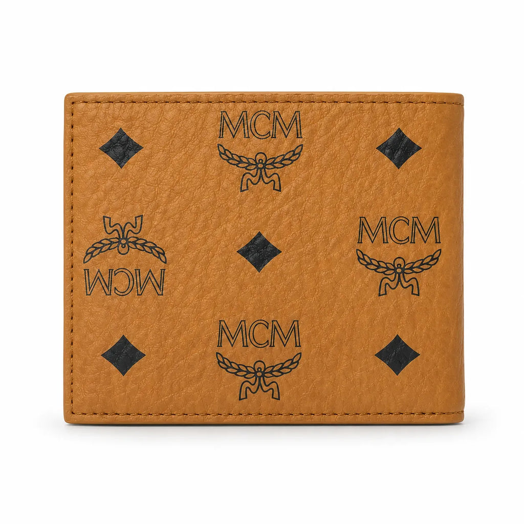 MCM Visetos Classic Bifold Wallet | Short Leather Folding Wallet in Cognac — Designer Monogram Card Holder for Men & Women