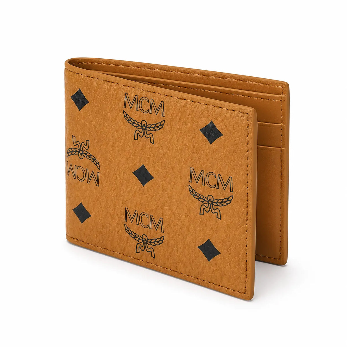 MCM Visetos Classic Bifold Wallet | Short Leather Folding Wallet in Cognac — Designer Monogram Card Holder for Men & Women