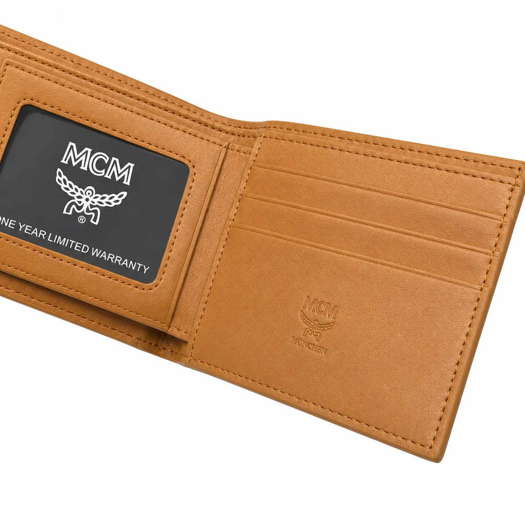MCM Visetos Classic Bifold Wallet | Short Leather Folding Wallet in Cognac — Designer Monogram Card Holder for Men & Women