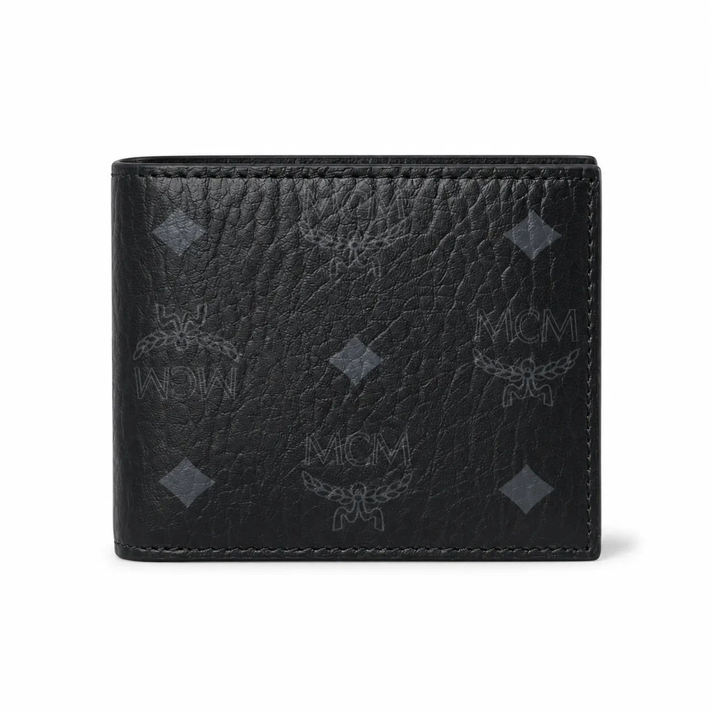 MCM Visetos Classic Men's Bifold Wallet | Short Leather Folding Wallet in Black — Designer Monogram Card Holder for Him