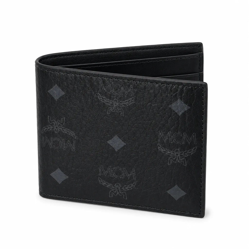 MCM Visetos Classic Men's Bifold Wallet | Short Leather Folding Wallet in Black — Designer Monogram Card Holder for Him