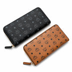 MCM Visetos Classic Long Zip Wallet | Designer Monogram Clutch Purse in Cognac & Black — Large Leather Phone Wallet for Men & Women