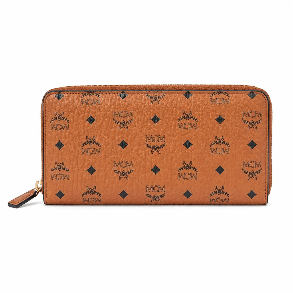 MCM Visetos Classic Long Zip Wallet | Designer Monogram Clutch Purse in Cognac & Black — Large Leather Phone Wallet for Men & Women
