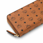 MCM Visetos Classic Long Zip Wallet | Designer Monogram Clutch Purse in Cognac & Black — Large Leather Phone Wallet for Men & Women