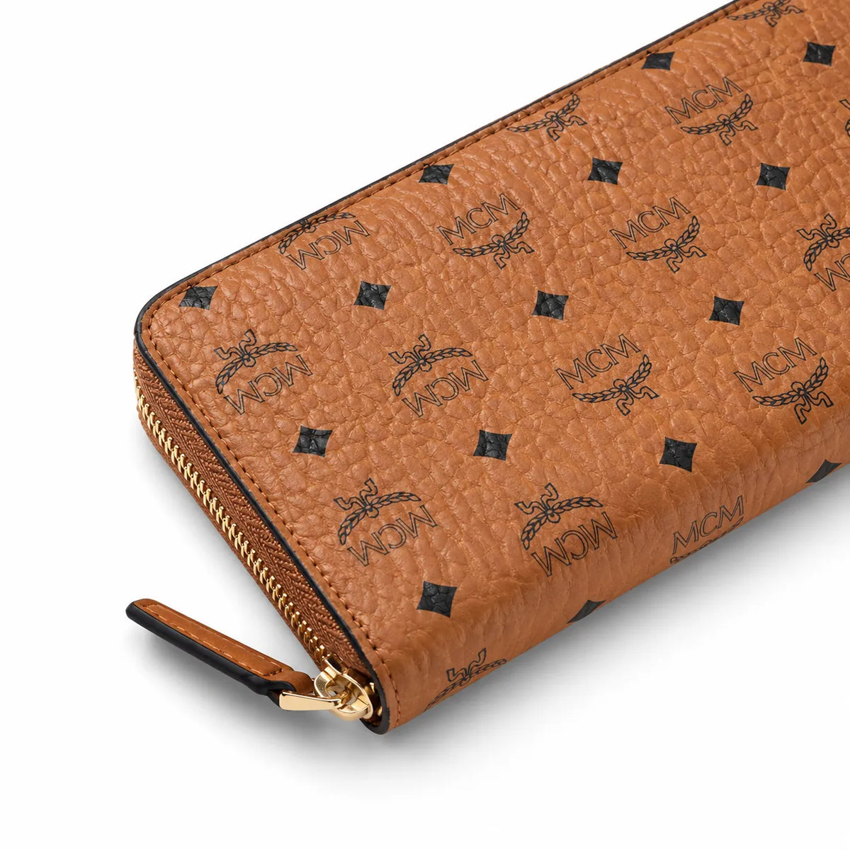 MCM Visetos Classic Long Zip Wallet | Designer Monogram Clutch Purse in Cognac & Black — Large Leather Phone Wallet for Men & Women
