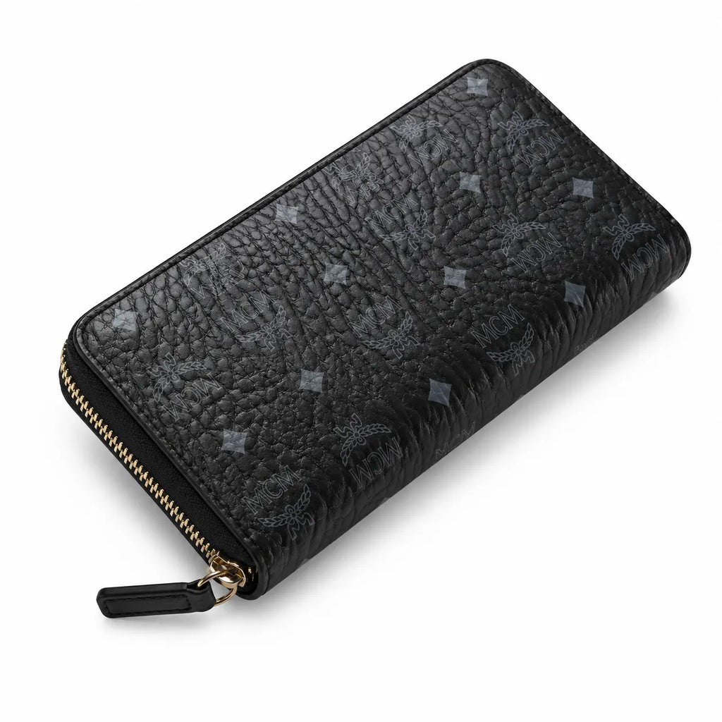 MCM Visetos Classic Long Zip Wallet | Designer Monogram Clutch Purse in Cognac & Black — Large Leather Phone Wallet for Men & Women
