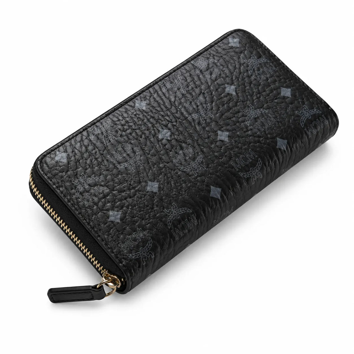MCM Visetos Classic Long Zip Wallet | Designer Monogram Clutch Purse in Cognac & Black — Large Leather Phone Wallet for Men & Women