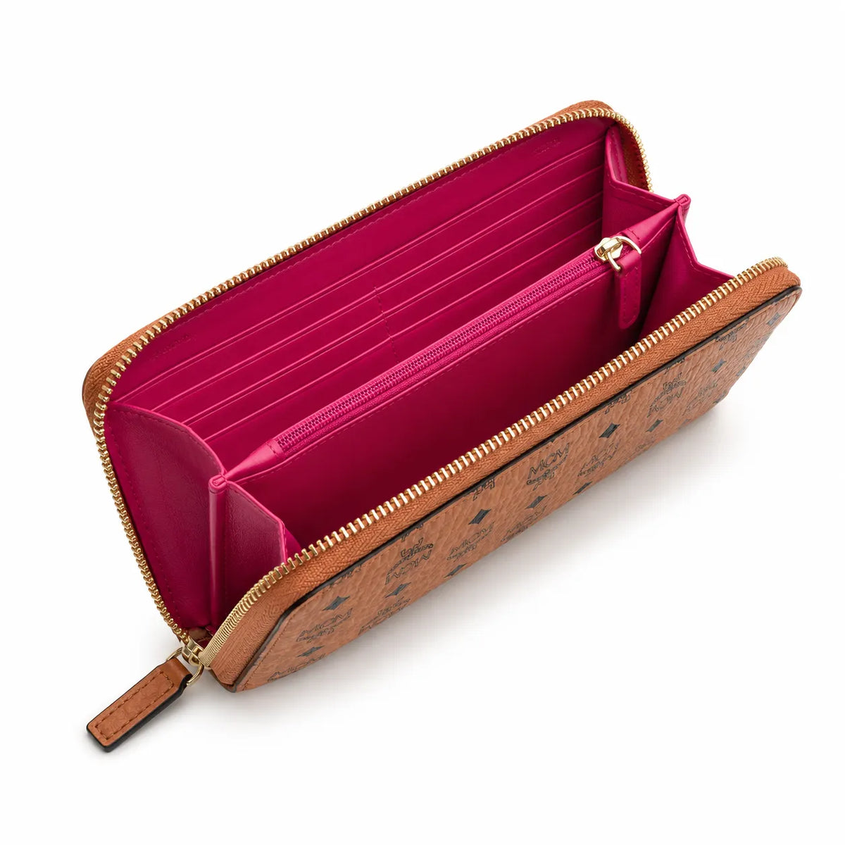 MCM Visetos Classic Long Zip Wallet | Designer Monogram Clutch Purse in Cognac & Black — Large Leather Phone Wallet for Men & Women