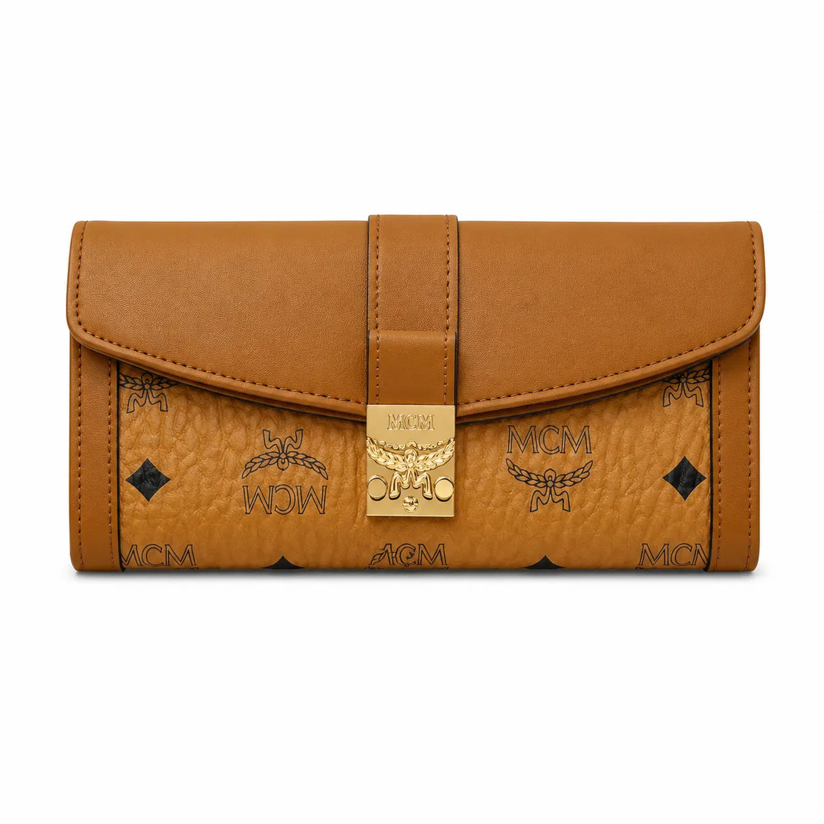 MCM Patricia Visetos Long Envelope Wallet | Classic Flap Leather Wallet in Cognac — Designer Monogram Clutch Purse for Women