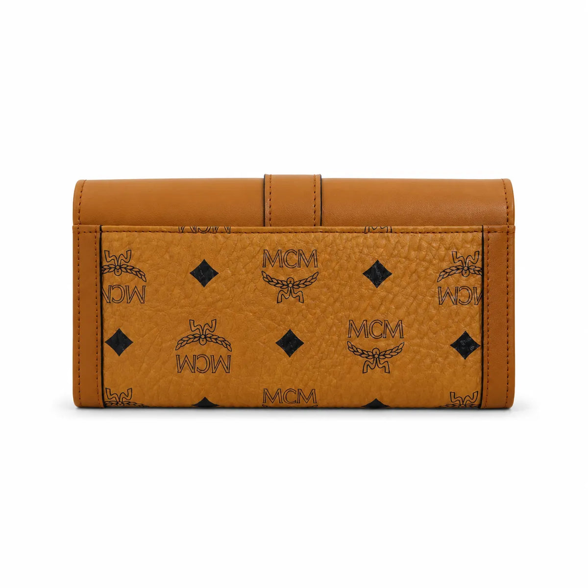 MCM Patricia Visetos Long Envelope Wallet | Classic Flap Leather Wallet in Cognac — Designer Monogram Clutch Purse for Women