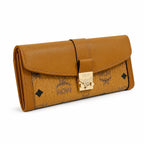 MCM Patricia Visetos Long Envelope Wallet | Classic Flap Leather Wallet in Cognac — Designer Monogram Clutch Purse for Women
