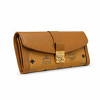 MCM Patricia Visetos Long Envelope Wallet | Classic Flap Leather Wallet in Cognac — Designer Monogram Clutch Purse for Women