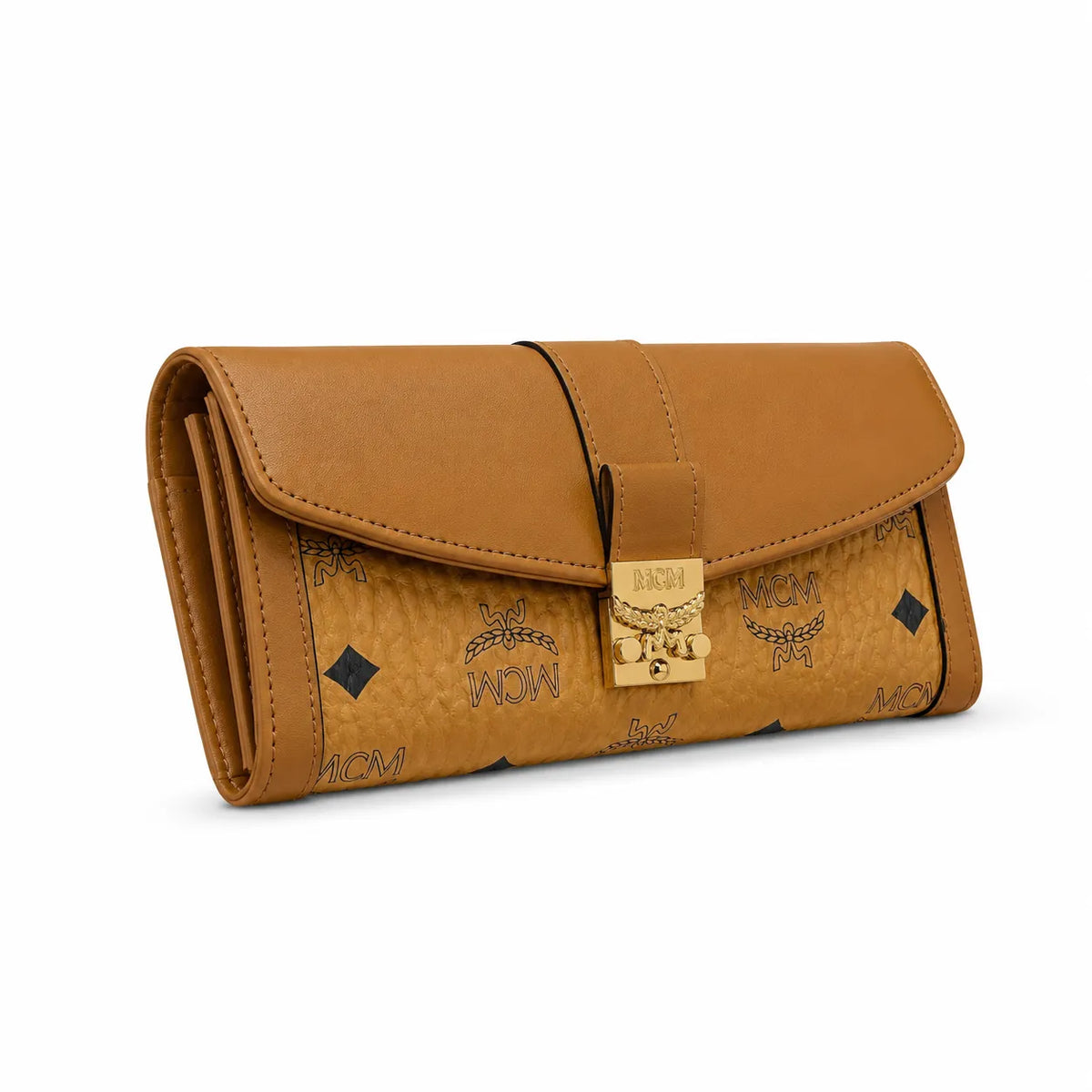 MCM Patricia Visetos Long Envelope Wallet | Classic Flap Leather Wallet in Cognac — Designer Monogram Clutch Purse for Women